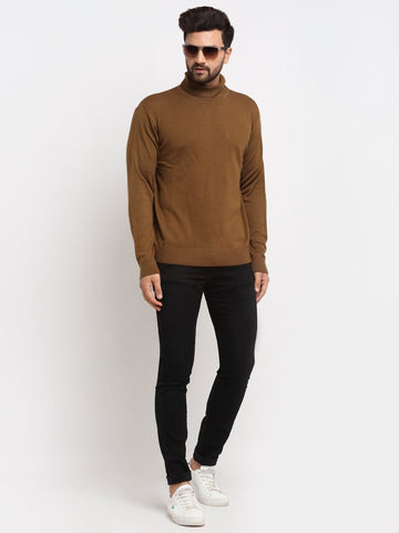 Brown Solid High Neck Sweater