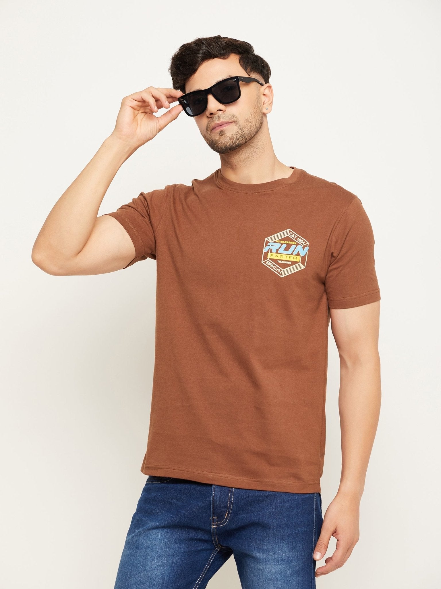 Coffee Brown Printed Half Sleeve Round Neck T-Shirt