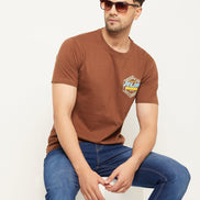 Coffee Brown Printed Half Sleeve Round Neck T-Shirt