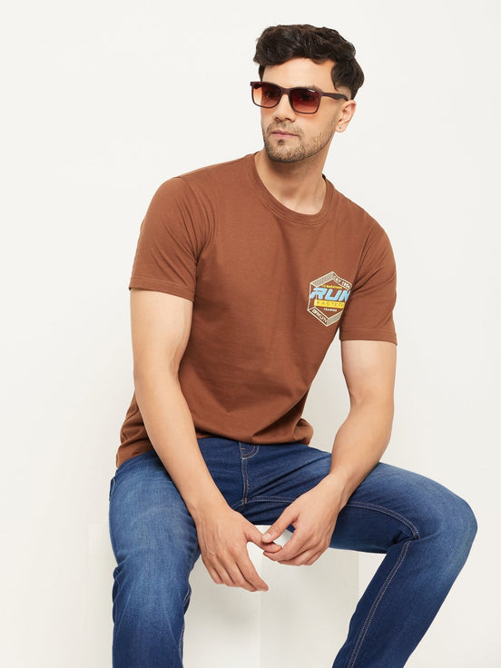 Coffee Brown Printed Half Sleeve Round Neck T-Shirt