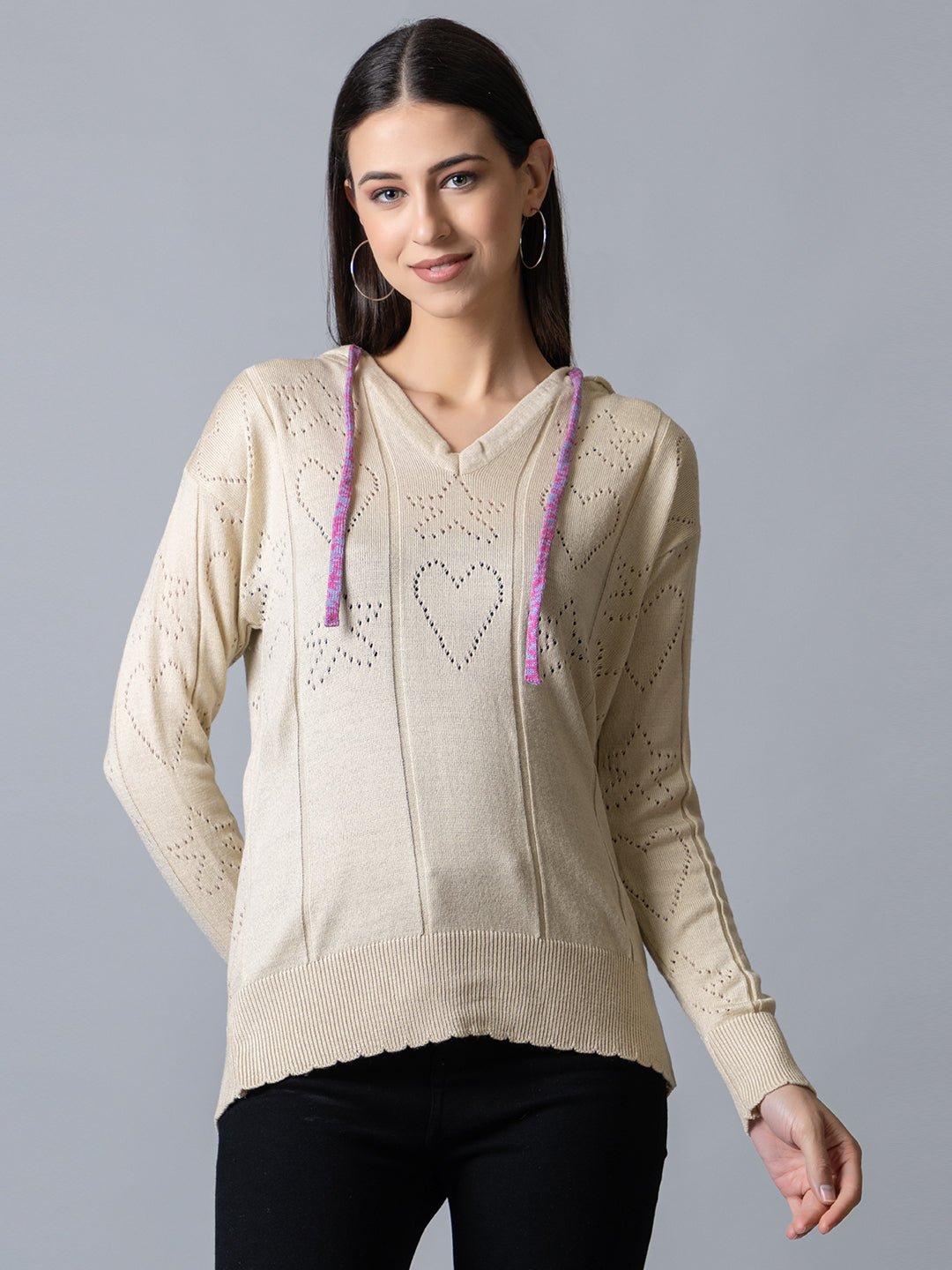 Ecru  Hooded Soild Sweater