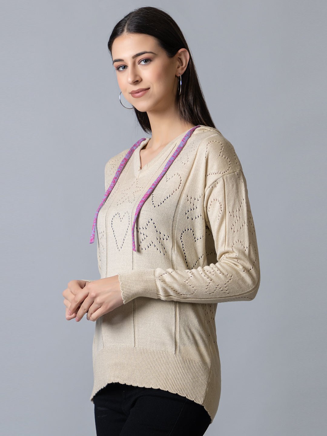 Ecru  Hooded Soild Sweater