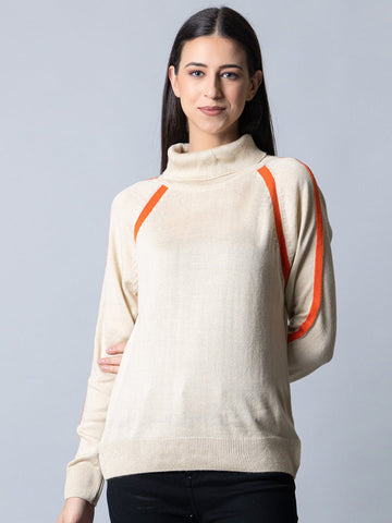 Ecru Melange  High Neck Colorblocked Sweater