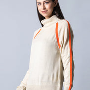 Ecru Melange  High Neck Colorblocked Sweater