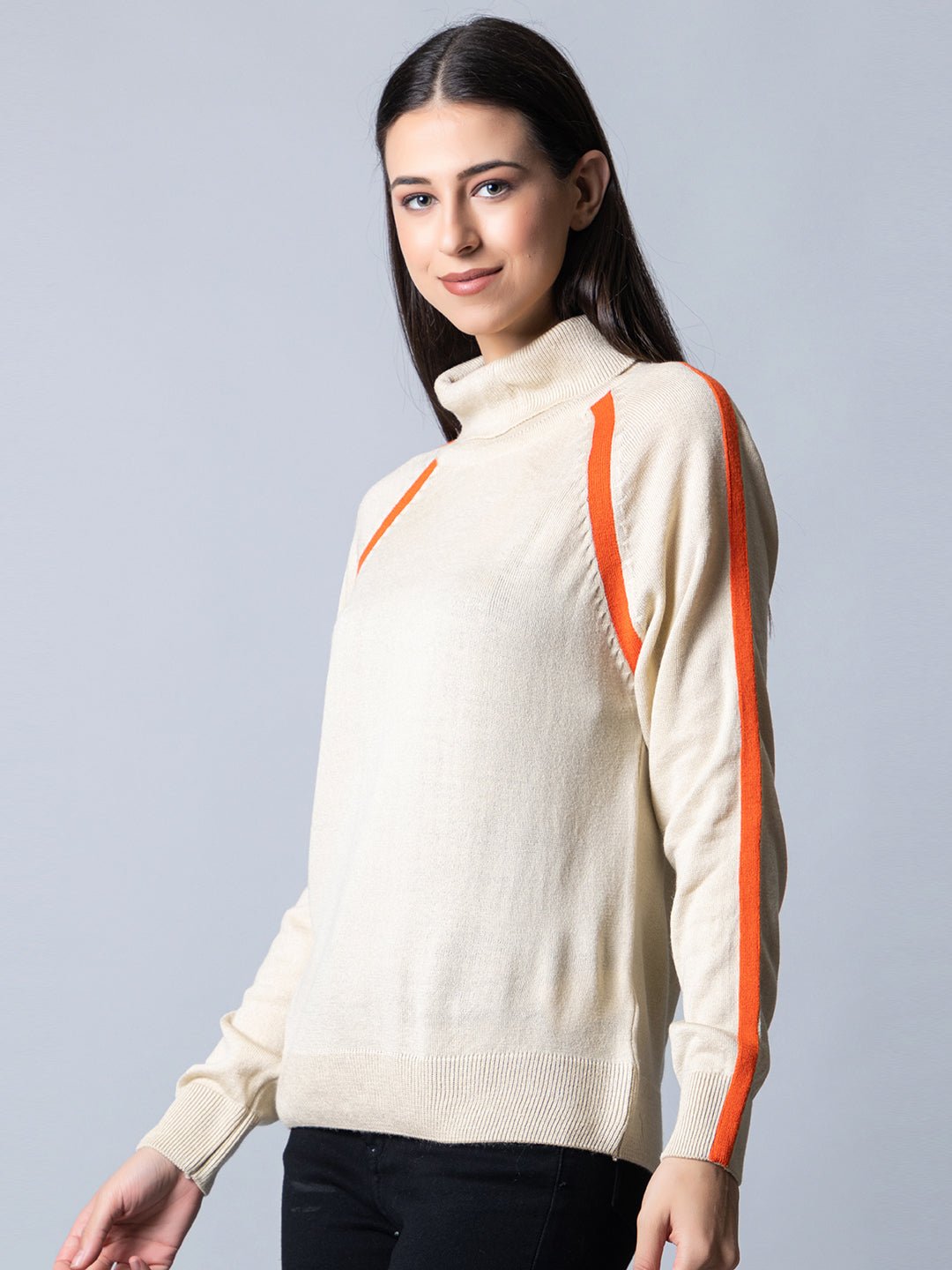 Ecru Melange  High Neck Colorblocked Sweater