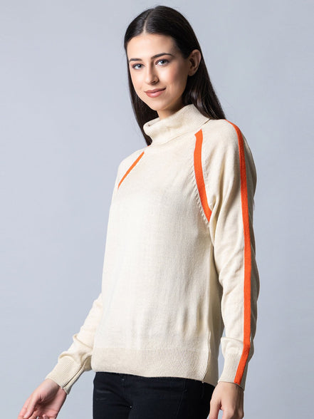 Ecru Melange  High Neck Colorblocked Sweater