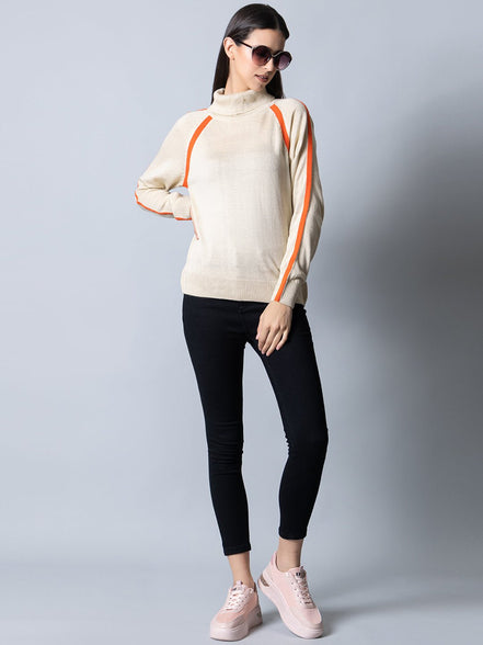Ecru Melange  High Neck Colorblocked Sweater