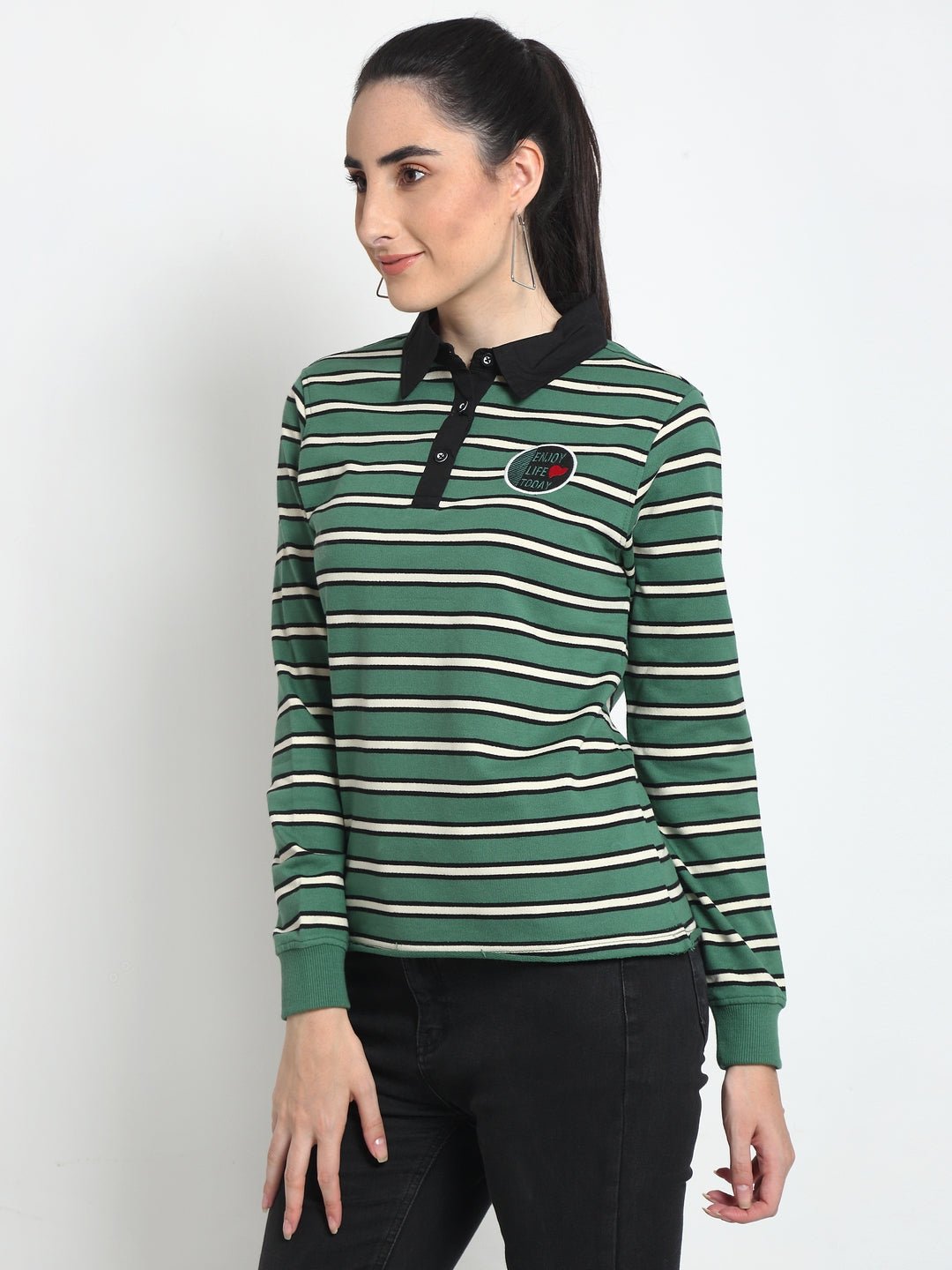 Green Striped Polo Neck Sweatshirt - clubyork
