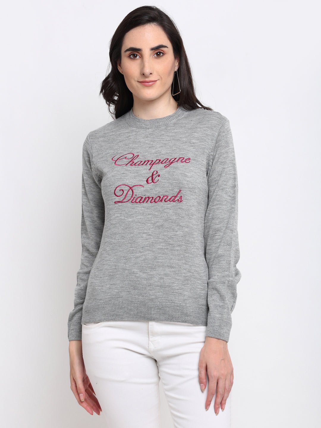 Grey Embroidered Round Neck Sweater - clubyork