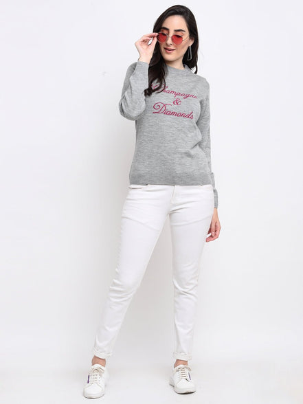 Grey Embroidered Round Neck Sweater - clubyork