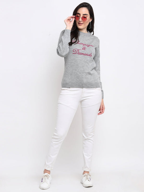Grey Embroidered Round Neck Sweater - clubyork