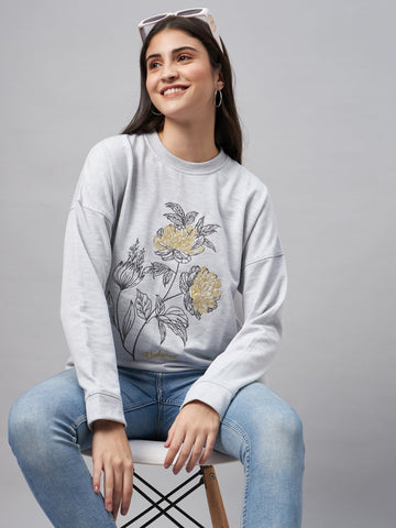 Grey Melange Embroidery Sweatshirt