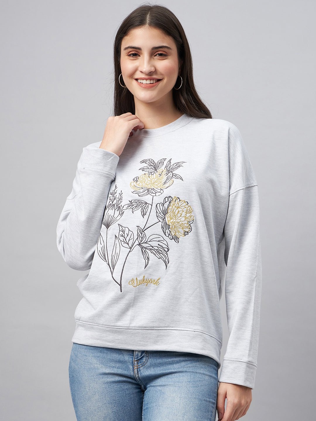Grey Melange Embroidery Sweatshirt - clubyork