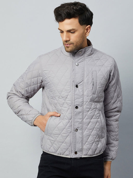 Grey Mock Neck Front Zipper Jacket - clubyork