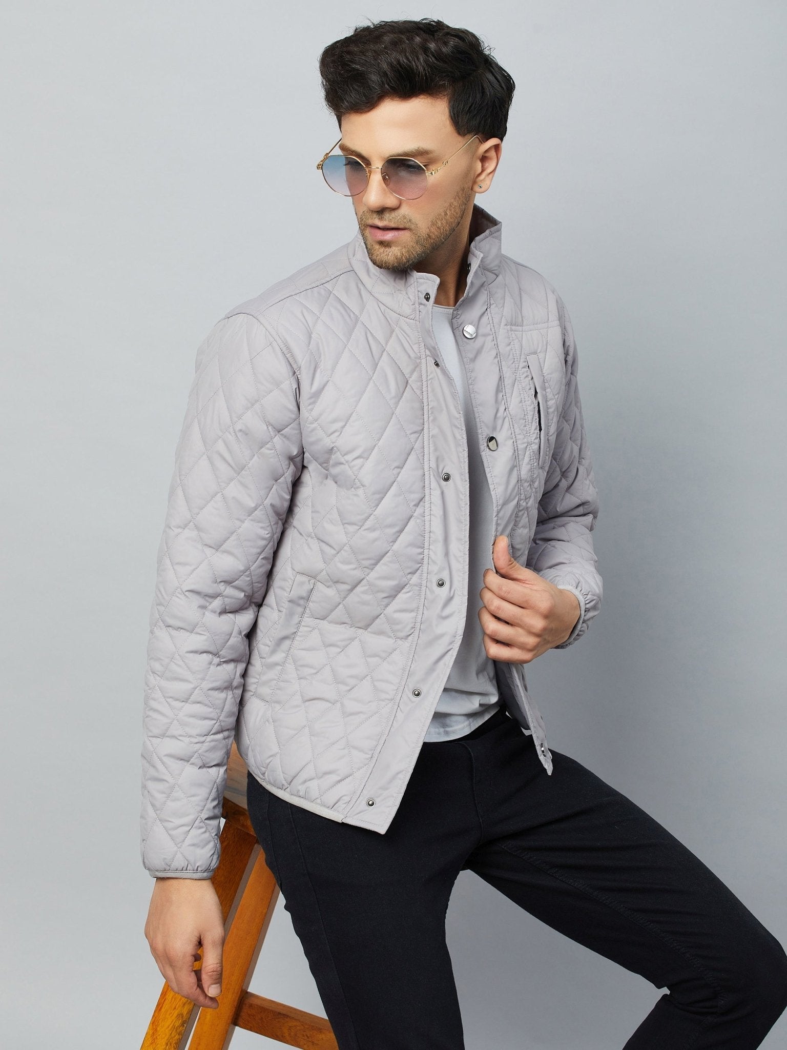 Grey Mock Neck Front Zipper Jacket - clubyork