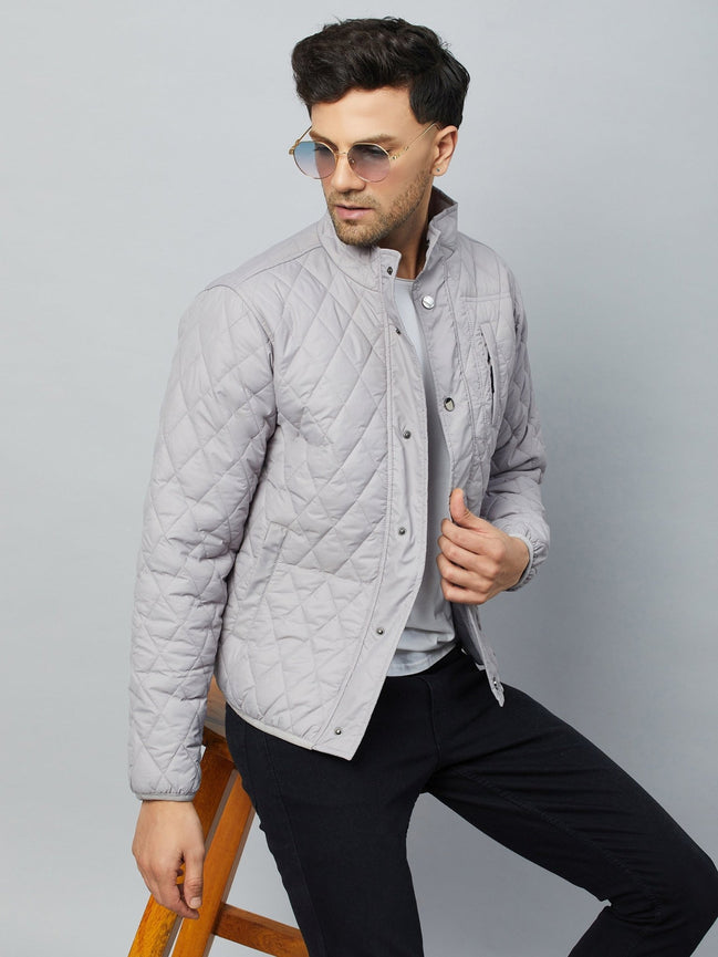 Grey Mock Neck Front Zipper Jacket - clubyork