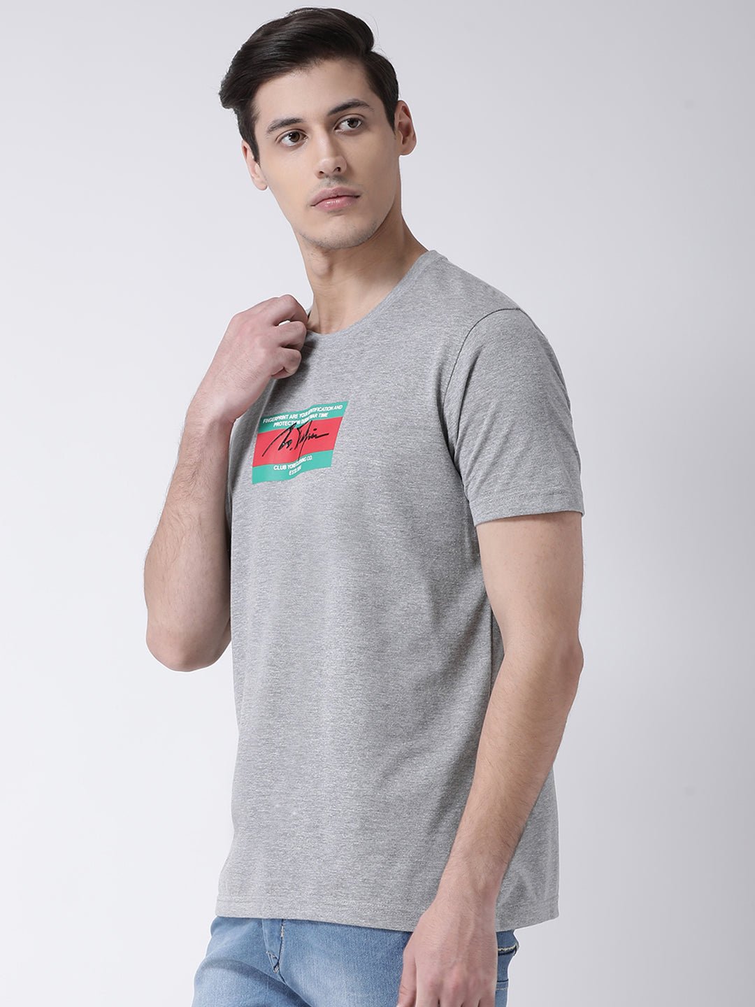 Grey Round Neck T-shirt Has Chest Printing - clubyork