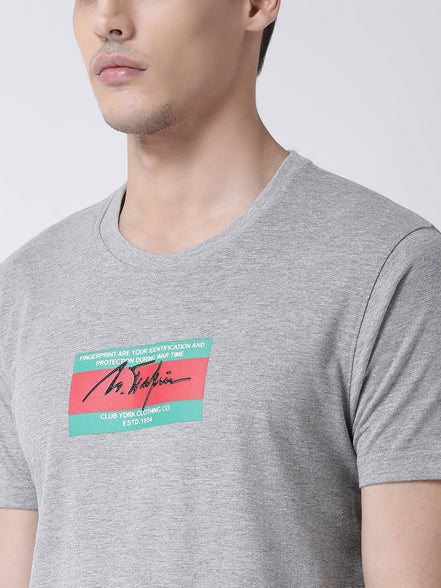 Grey Round Neck T-shirt Has Chest Printing - clubyork