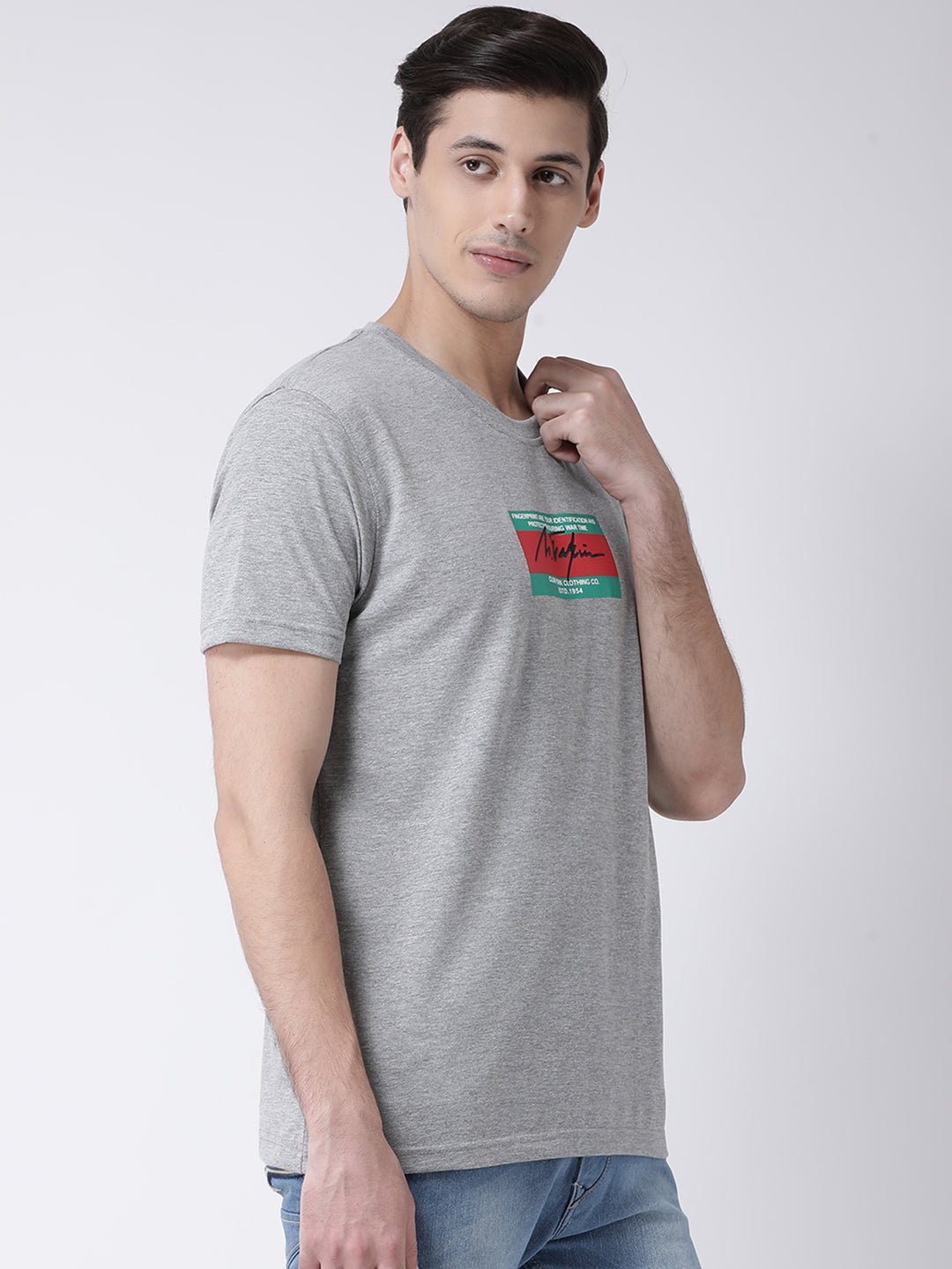 Grey Round Neck T-shirt Has Chest Printing - clubyork