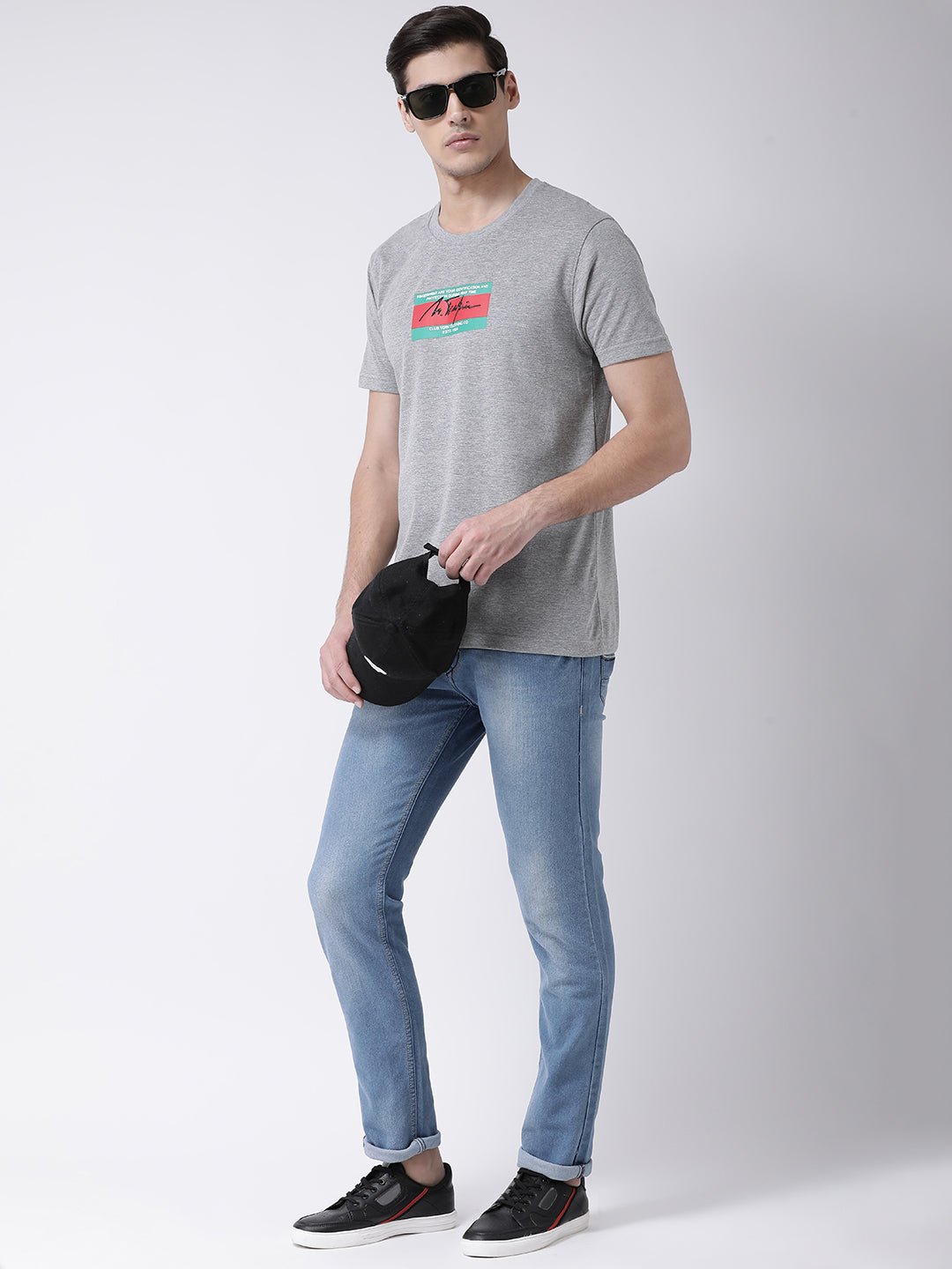 Grey Round Neck T-shirt Has Chest Printing - clubyork