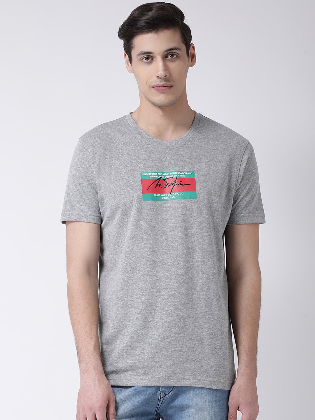 Grey Round Neck T-shirt Has Chest Printing - clubyork