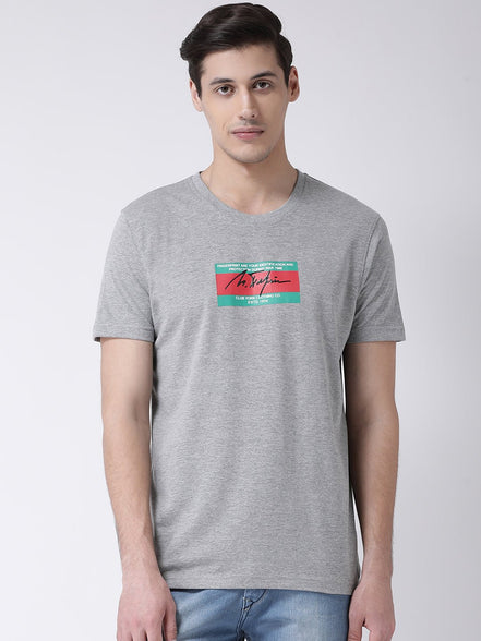 Grey Round Neck T-shirt Has Chest Printing - clubyork