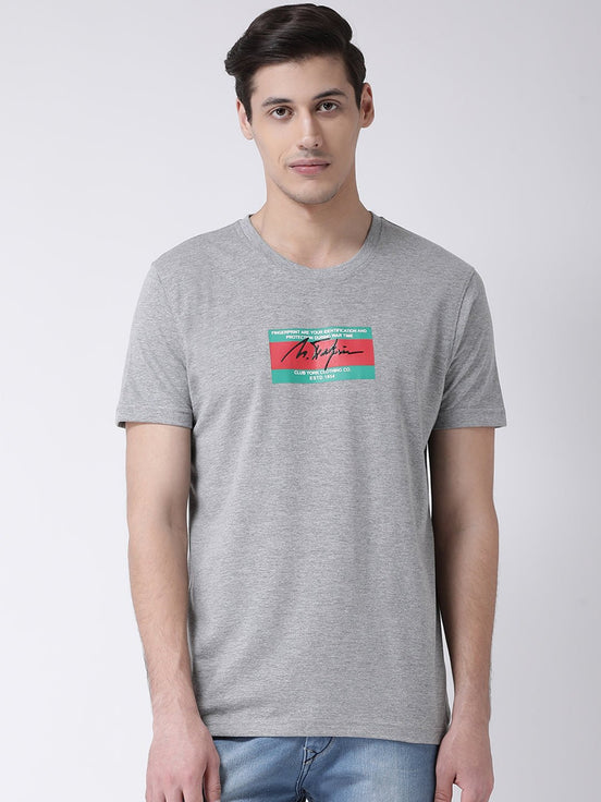 Grey Round Neck T-shirt Has Chest Printing - clubyork