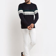 Grey Striped Round Neck Sweater - clubyork