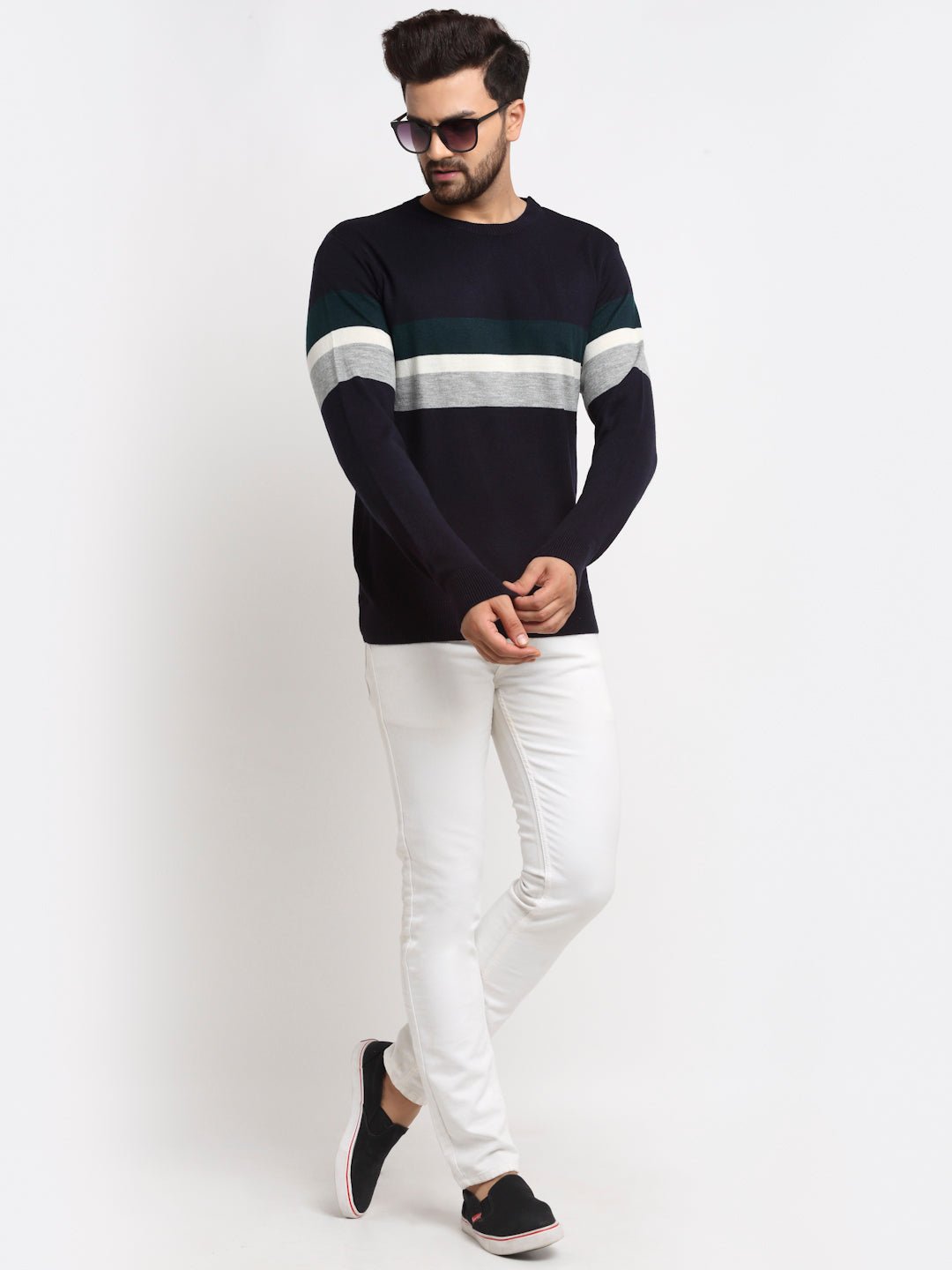 Grey Striped Round Neck Sweater - clubyork