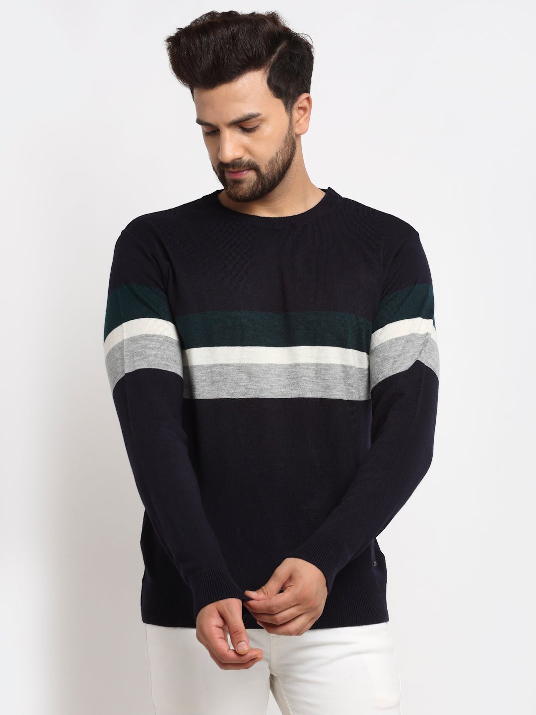 Grey Striped Round Neck Sweater - clubyork