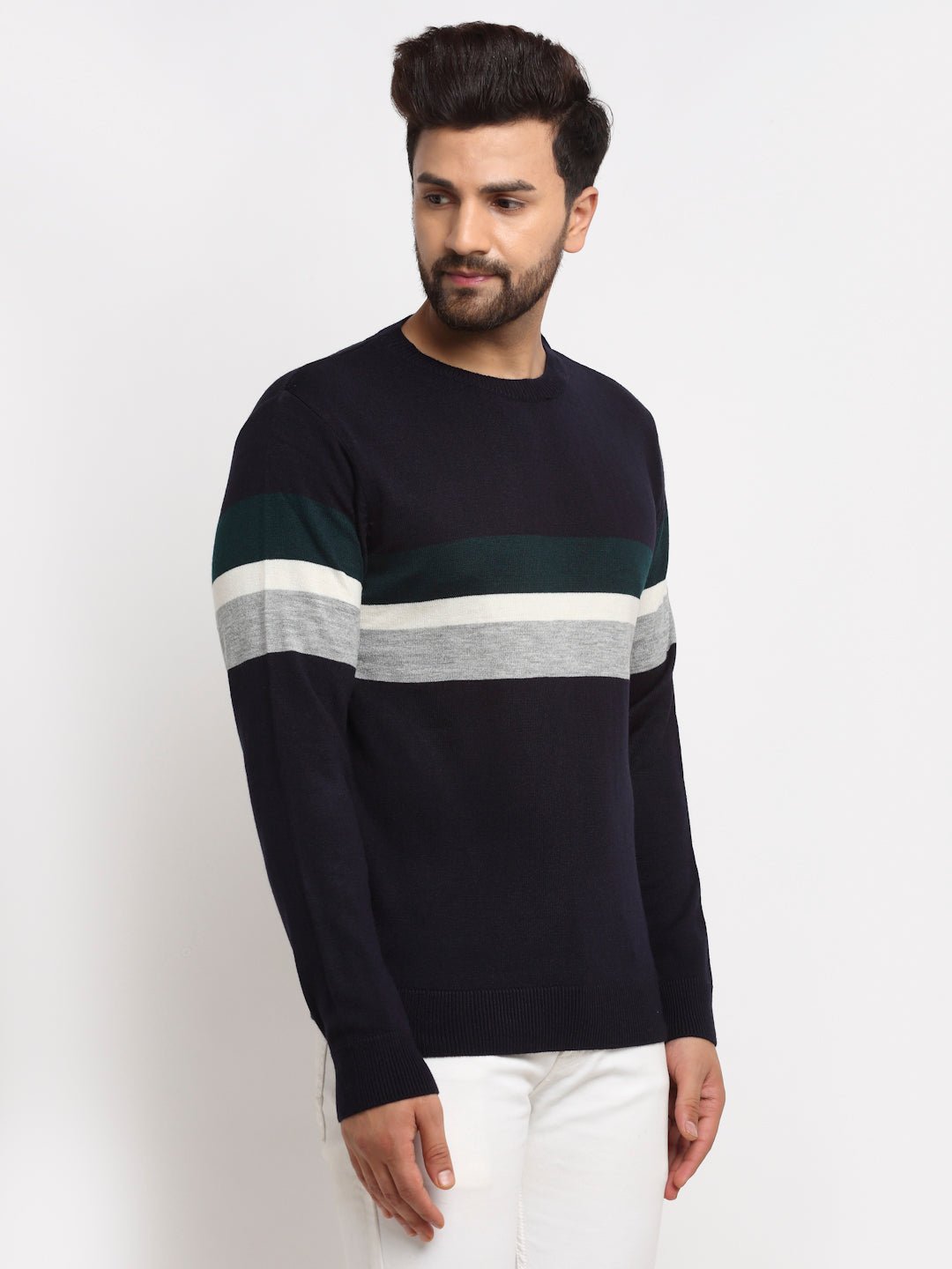 Grey Striped Round Neck Sweater - clubyork