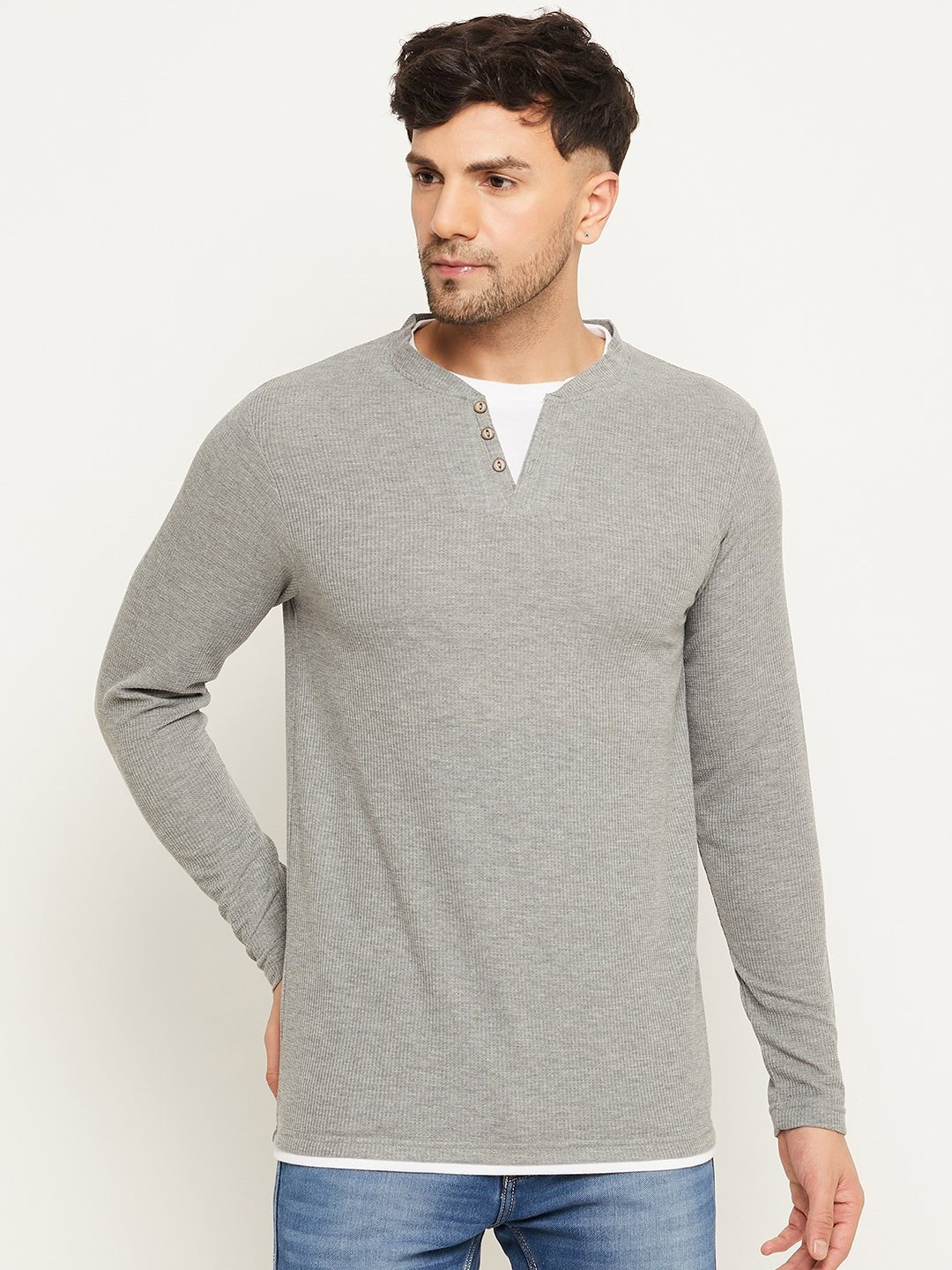 Light Grey Solid V Neck T-Shirt - clubyork