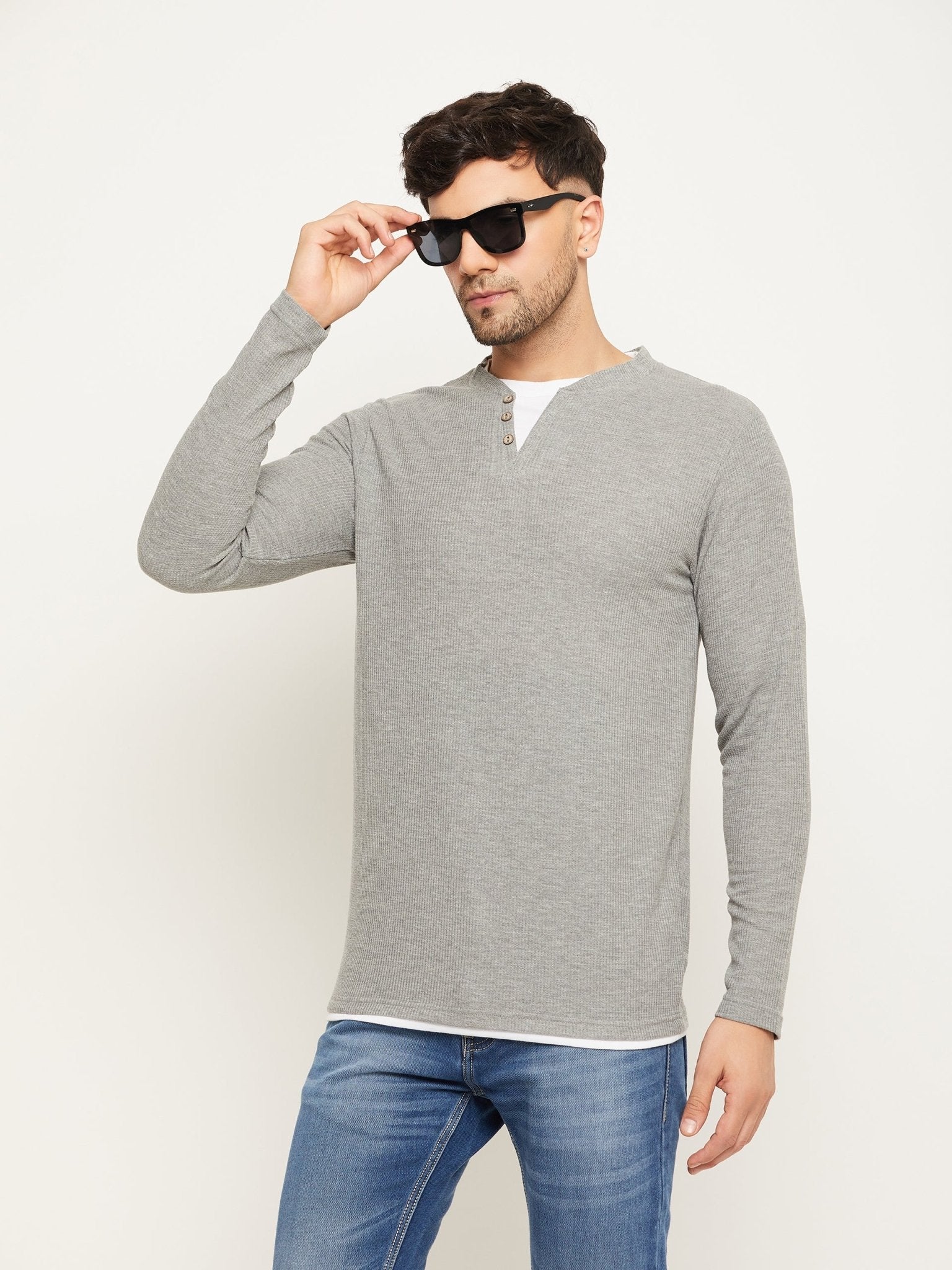 Light Grey Solid V Neck T-Shirt - clubyork