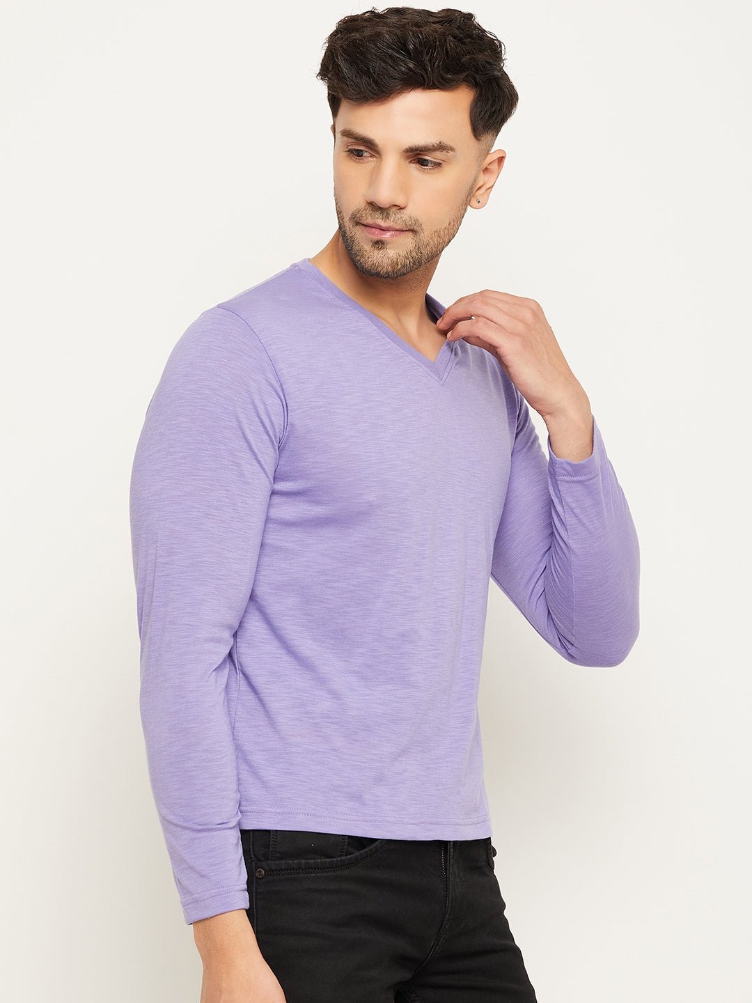 Lilac Solid V Neck T-Shirt - clubyork