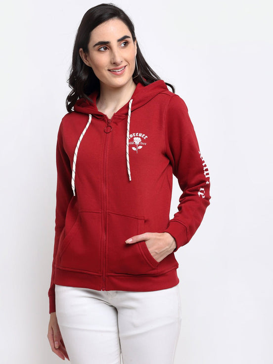 Maroon Chest Print Full Zipper Hooded Sweatshirt - clubyork