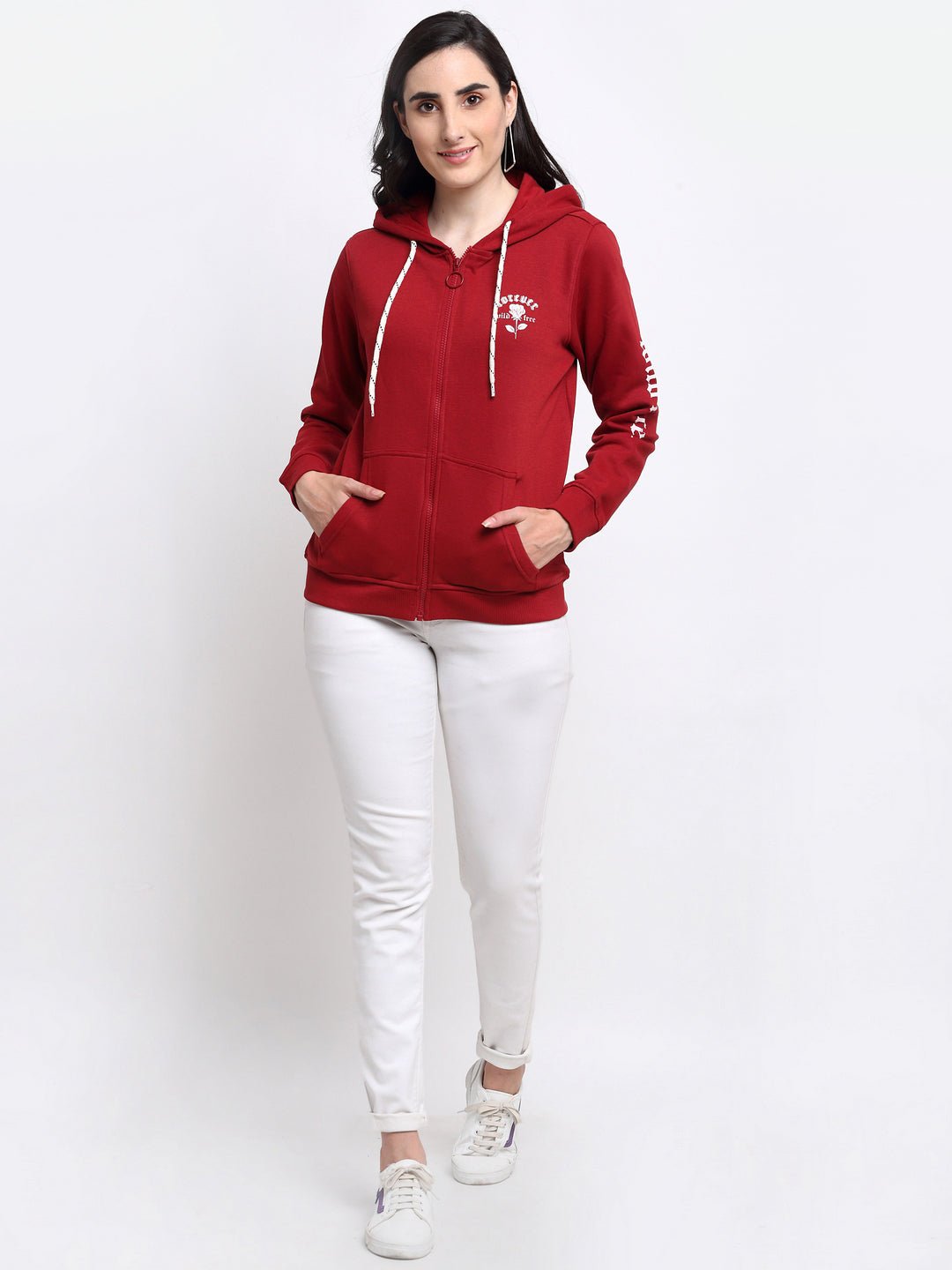 Maroon Chest Print Full Zipper Hooded Sweatshirt - clubyork
