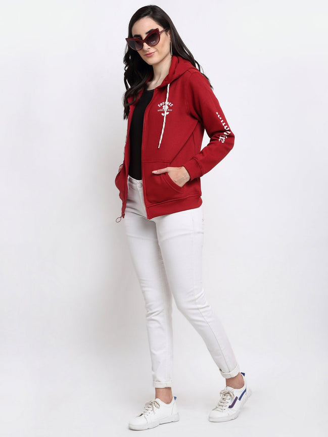 Maroon Chest Print Full Zipper Hooded Sweatshirt - clubyork