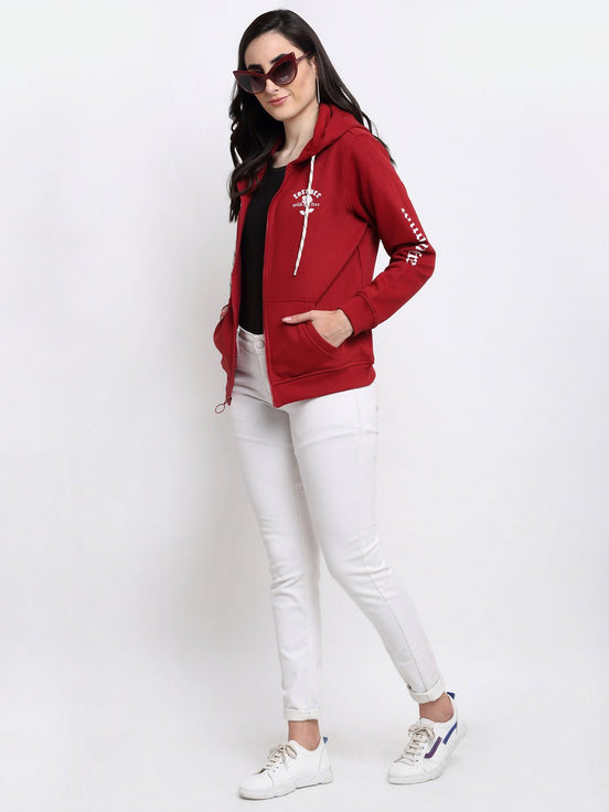 Maroon Chest Print Full Zipper Hooded Sweatshirt - clubyork