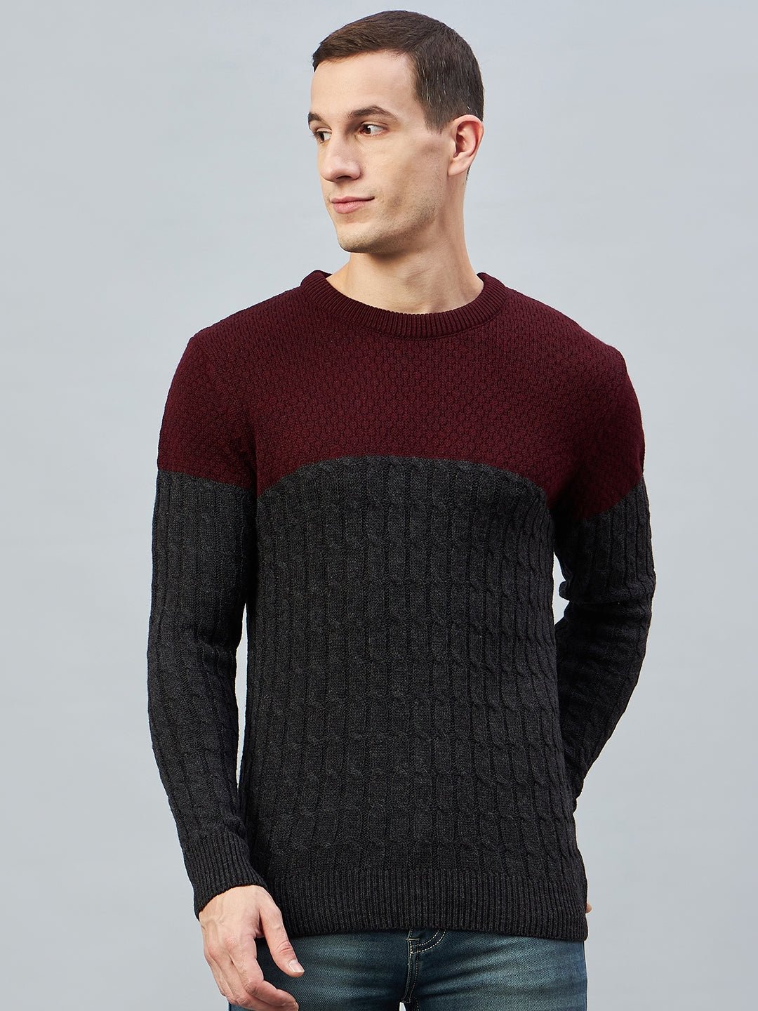 Maroon Colourblocked Round Neck Sweater - clubyork