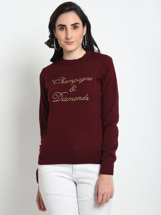 Maroon Embroidered Round Neck Sweater - clubyork