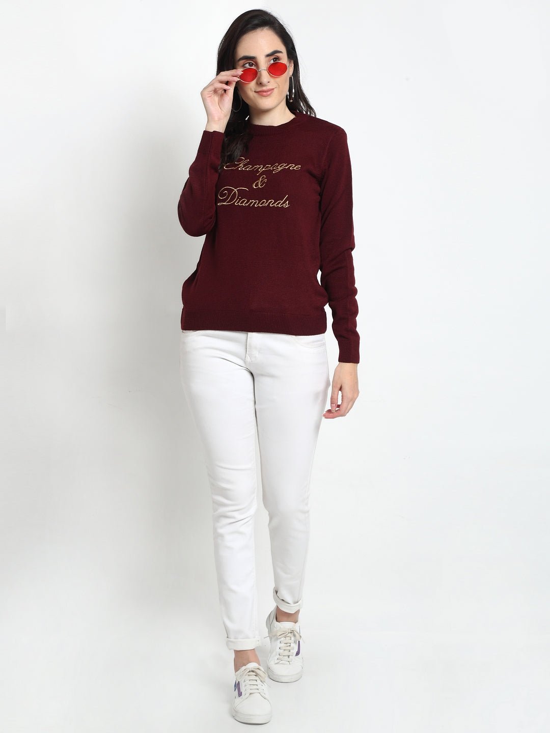 Maroon Embroidered Round Neck Sweater - clubyork