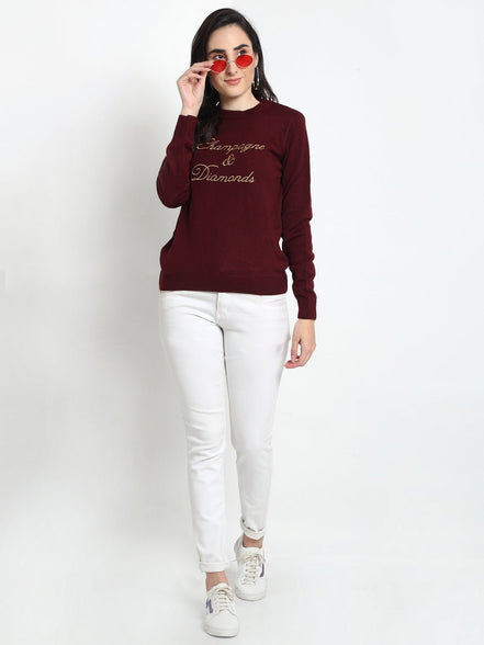 Maroon Embroidered Round Neck Sweater - clubyork