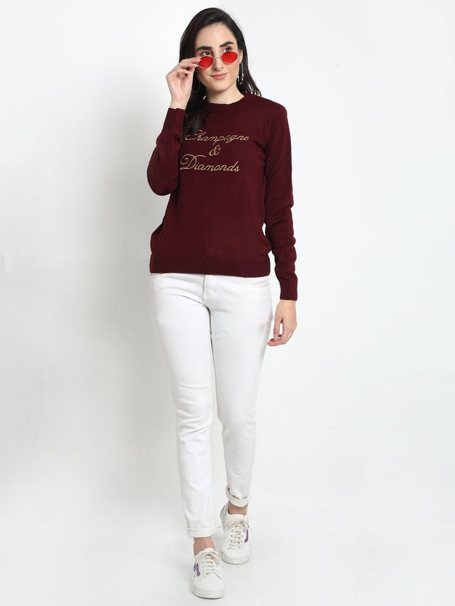 Maroon Embroidered Round Neck Sweater - clubyork