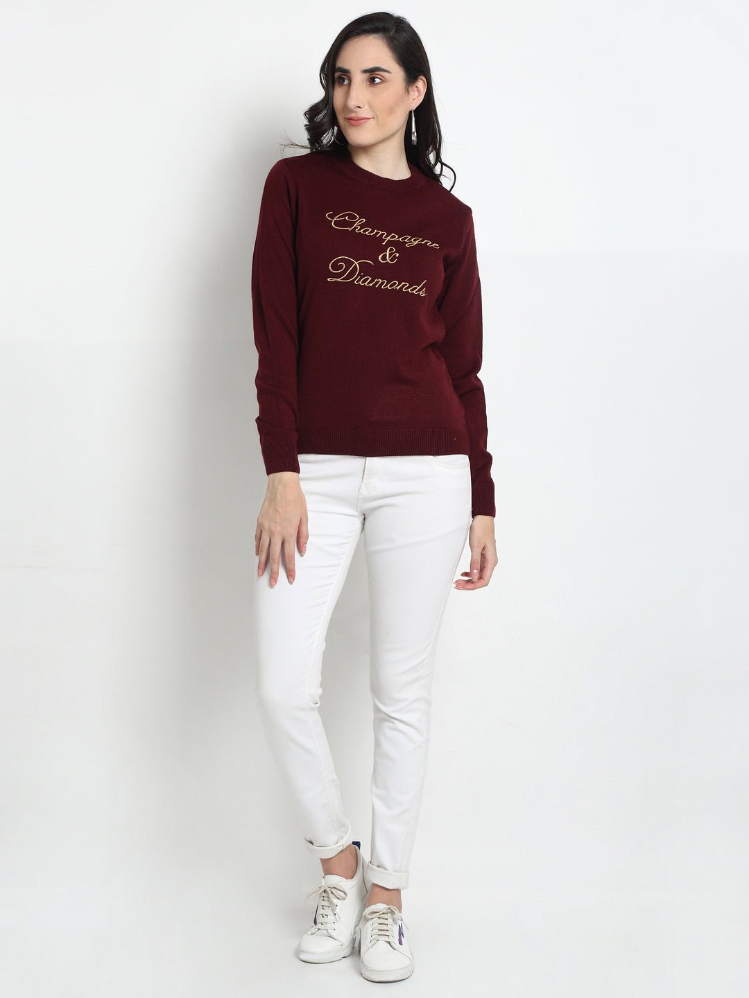 Maroon Embroidered Round Neck Sweater - clubyork