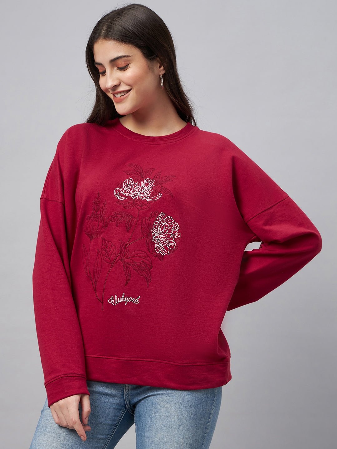 Maroon Embroidery Round Neck Sweatshirt - clubyork