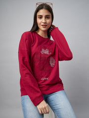 Maroon Embroidery Round Neck Sweatshirt
