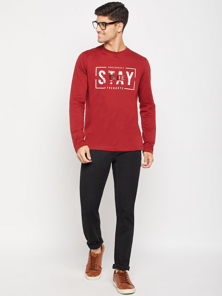 Maroon Printed Round Neck T-Shirt - clubyork