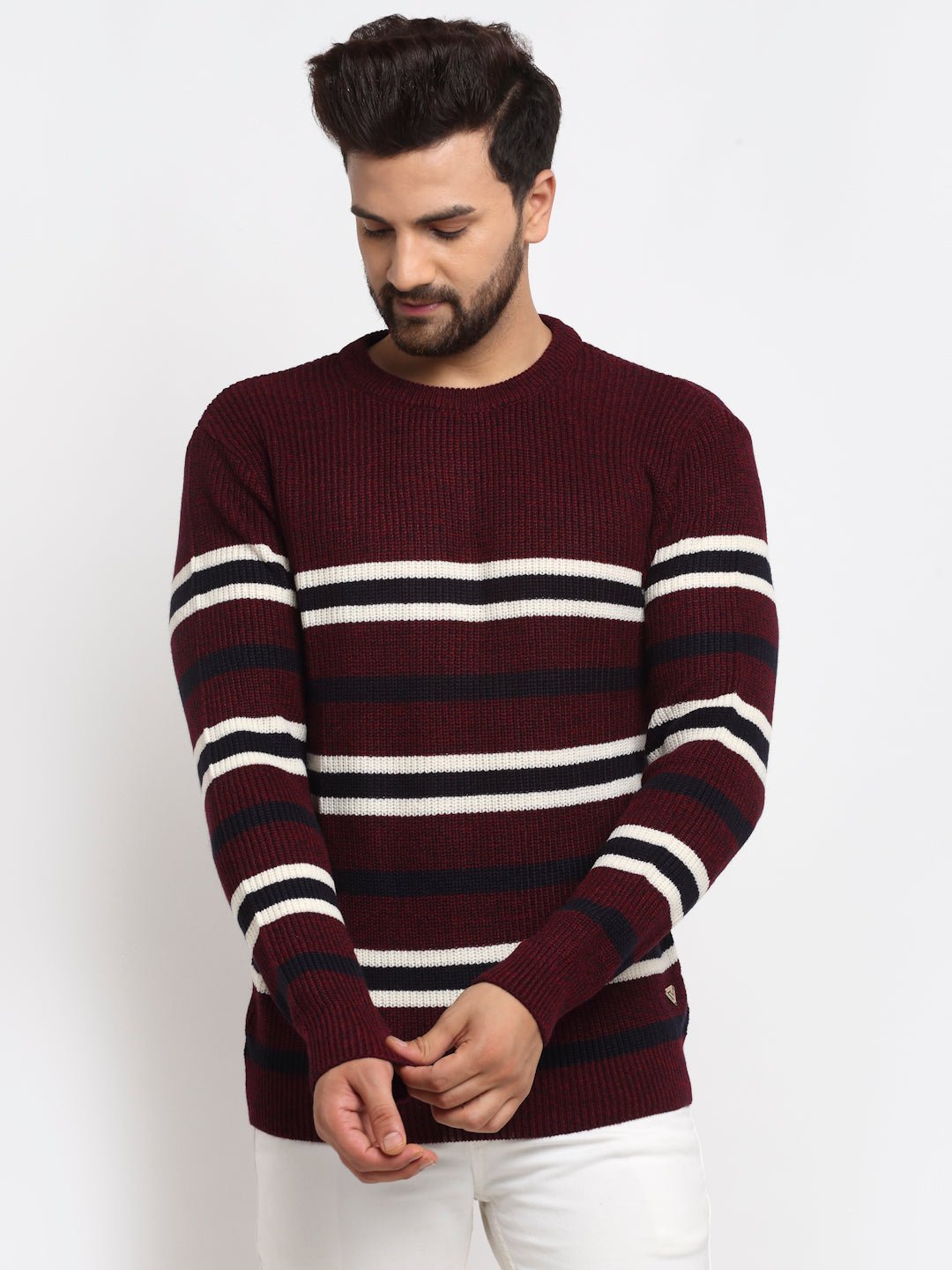 Maroon Striped Round Neck Sweater - clubyork