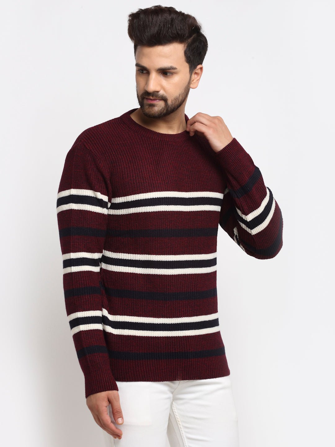 Maroon Striped Round Neck Sweater - clubyork