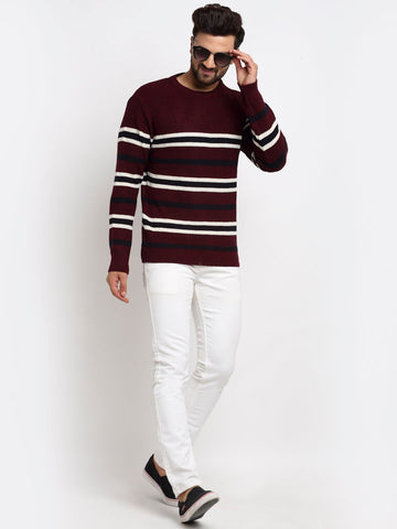 Maroon Striped Round Neck Sweater